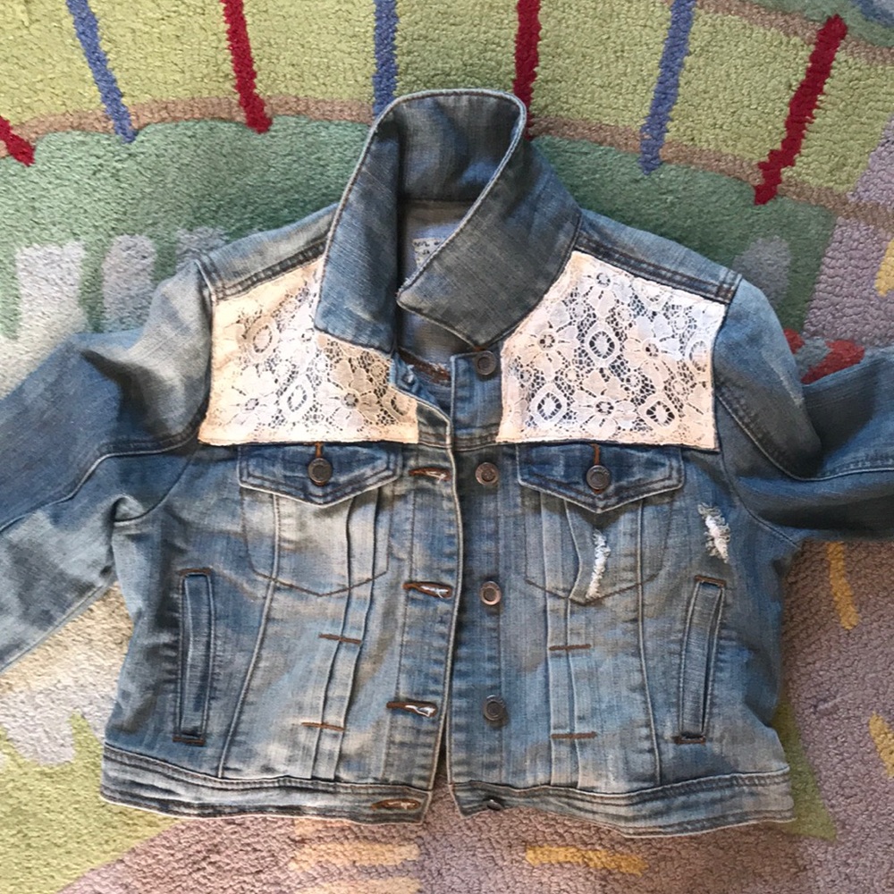 jean jacket with white lace detail